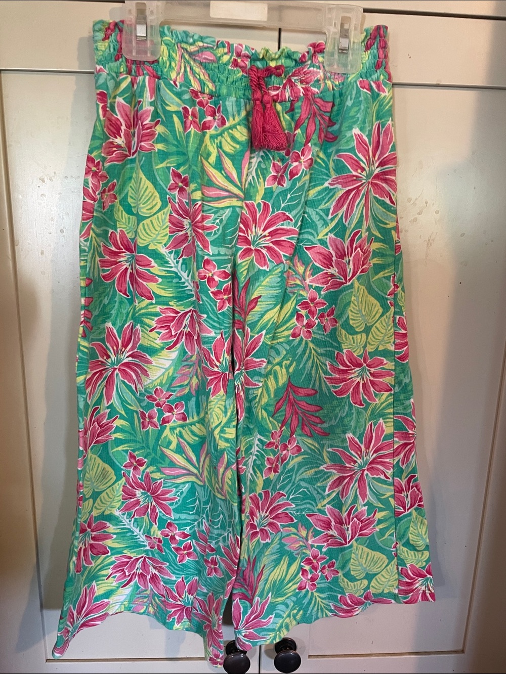 Tropical Floral Wide-Leg Pants with Tassel Tie
